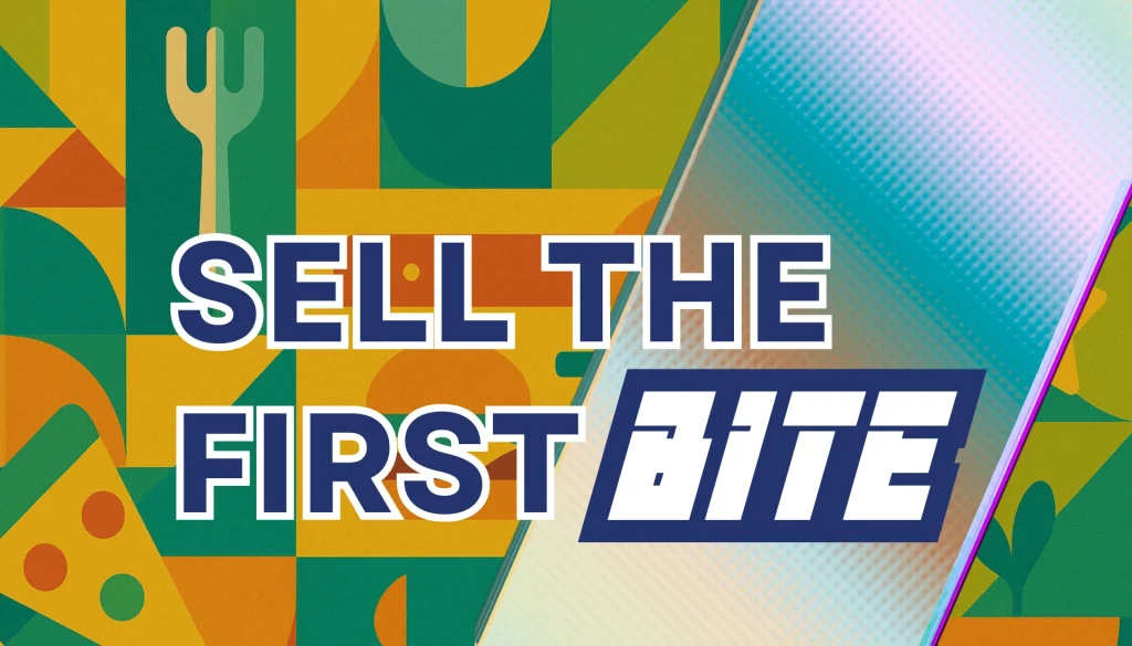 Abstract background image with bold text "Sell the First Bite," representing the core message of Restaurant Website Design for Conversions.