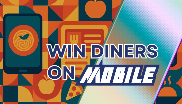 Text reading 'Win Diners on Mobile' over an abstract background, highlighting the importance of Mobile-Friendly Restaurant Websites for attracting more diners.