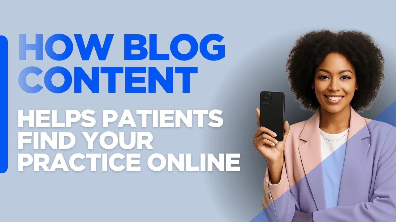 "Attract Patients Through Content" graphic with abstract background, representing a blog strategy for doctors to grow their practice through educational and SEO-friendly blog content.