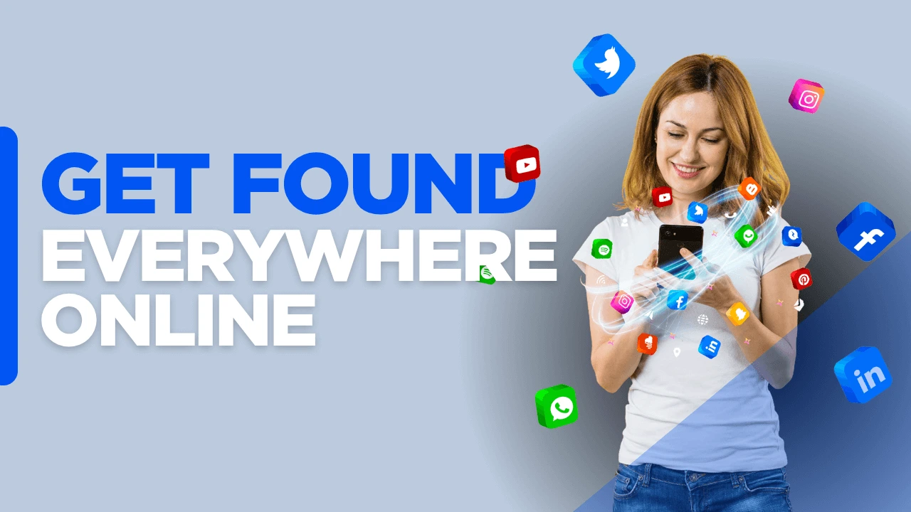 Custom-designed blog image with the text 'Get Found Everywhere Online,' illustrating an SEO content distribution strategy for maximizing visibility across search engines, AI platforms, and multiple channels.