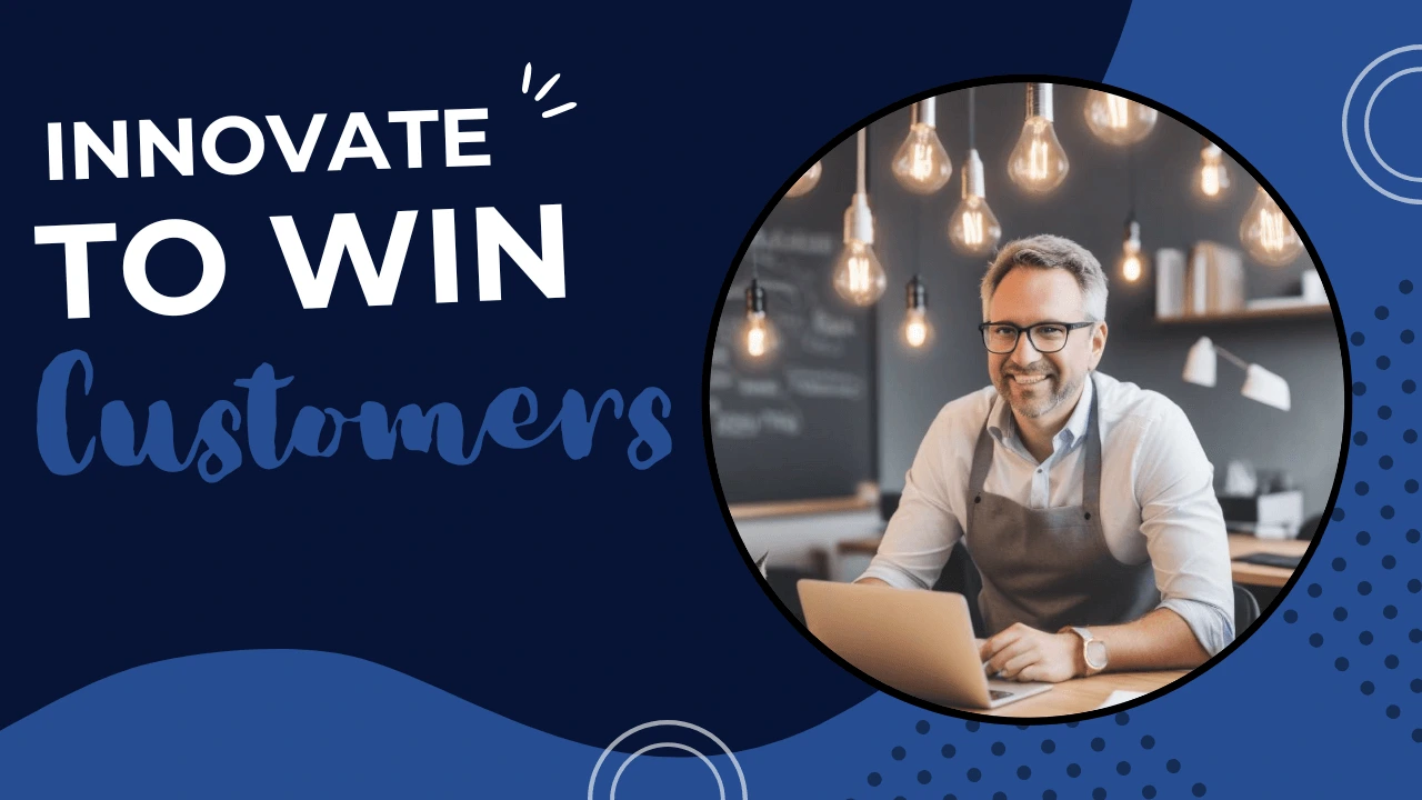 "Innovate to Win Customers" graphic on an abstract background, representing innovation in entrepreneurship and how creative process improvements drive business growth.