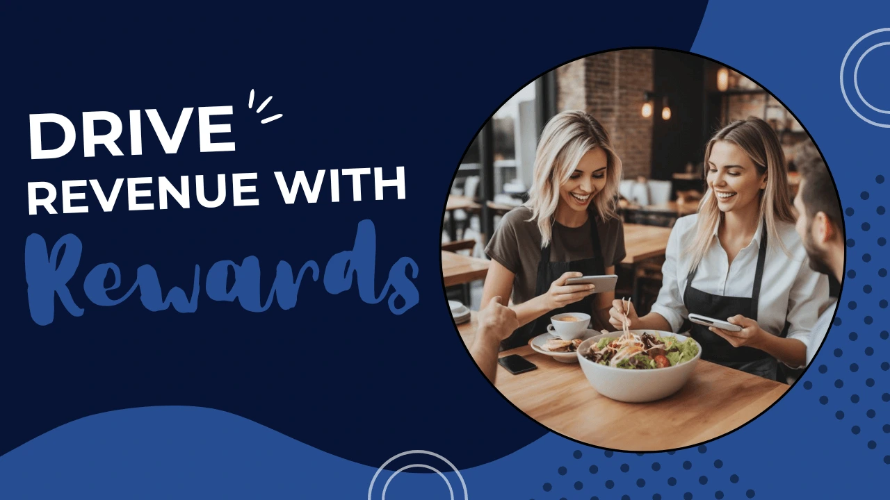 Custom-designed image with the text "Drive Revenue With Rewards," promoting the benefits of an online loyalty program for restaurants to increase repeat orders and customer retention.