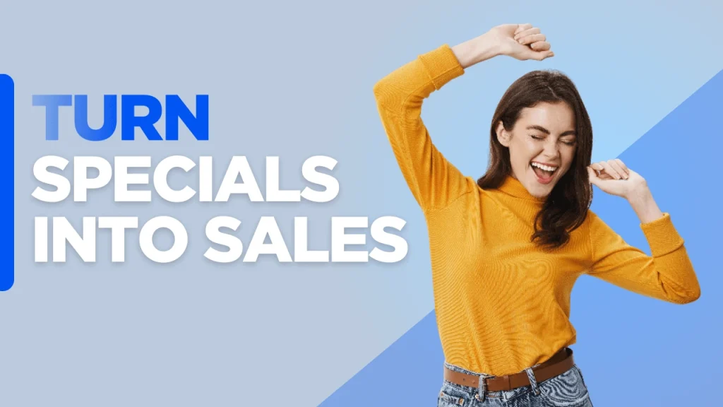 Custom-designed graphic with the text “Turn Specials Into Sales,” promoting strategies to effectively promote your happy hour online and attract more guests with engaging offers.