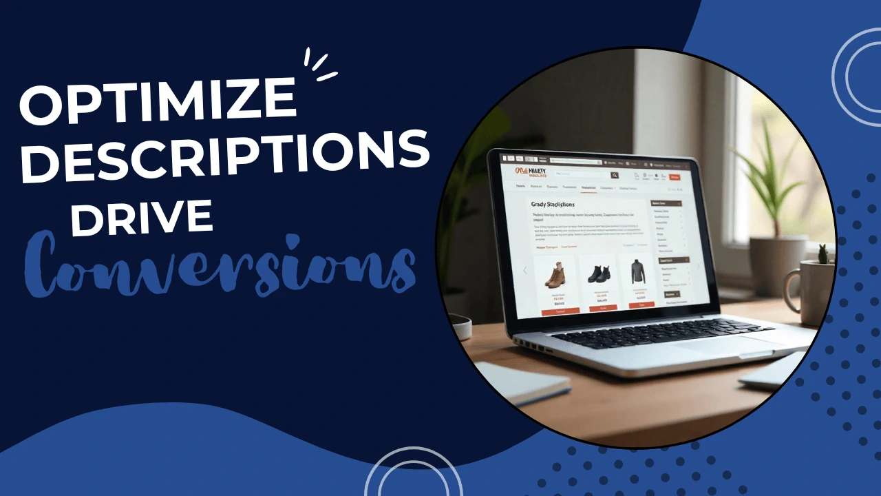 Custom graphic with the text “Optimize Descriptions Drive Conversions” on a designed background, promoting strategies to make product descriptions work harder for your business.