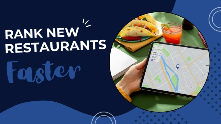 Custom marketing graphic with the text “Rank New Restaurants Faster,” illustrating SEO for new restaurant locations and strategies to improve local search visibility for newly opened restaurants.