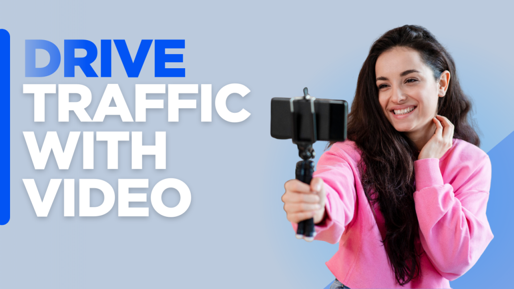 Custom-designed graphic with the text “Drive Traffic with Video” on a modern background, visually promoting a video SEO strategy to increase search visibility and engagement.