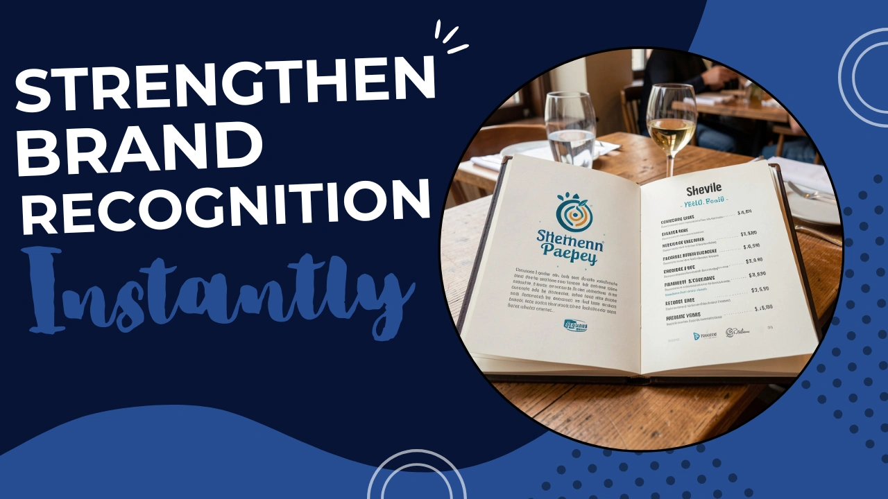 Custom-designed blog image with the text “Strengthen Brand Recognition Instantly,” illustrating menu design that matches website branding through consistent colors, typography, and layout for a cohesive brand experience.