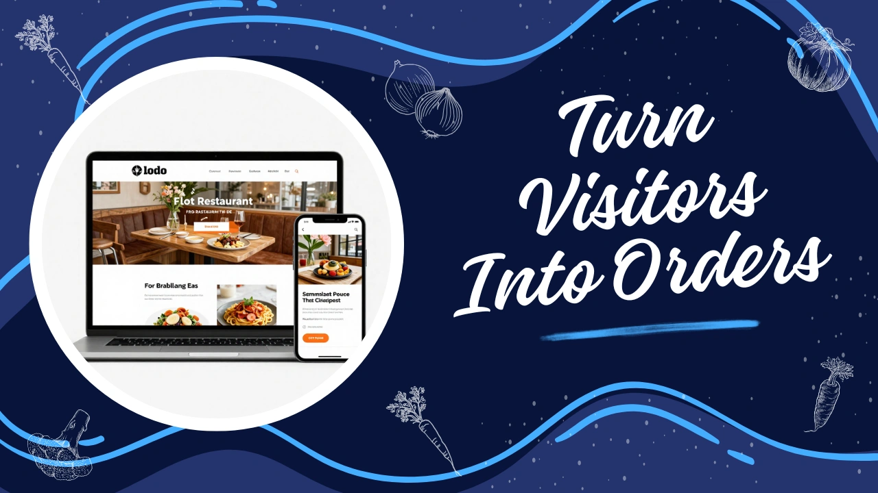 Turn Visitors Into Orders message on a custom-designed background illustrating how to refresh restaurant website for more orders by improving online ordering and guest conversion.