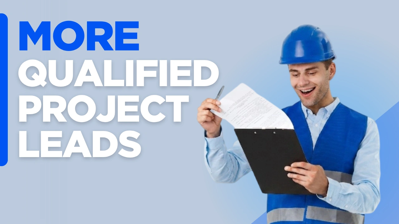 Contractor website design graphic with “More Qualified Project Leads” text on a custom background, representing a high-converting contractor website that attracts targeted prospects and drives consistent project inquiries.