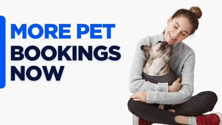 Conversion-focused pet website graphic with bold text “More Pet Bookings Now” on a custom-designed background, highlighting increased bookings and optimized pet business website performance.