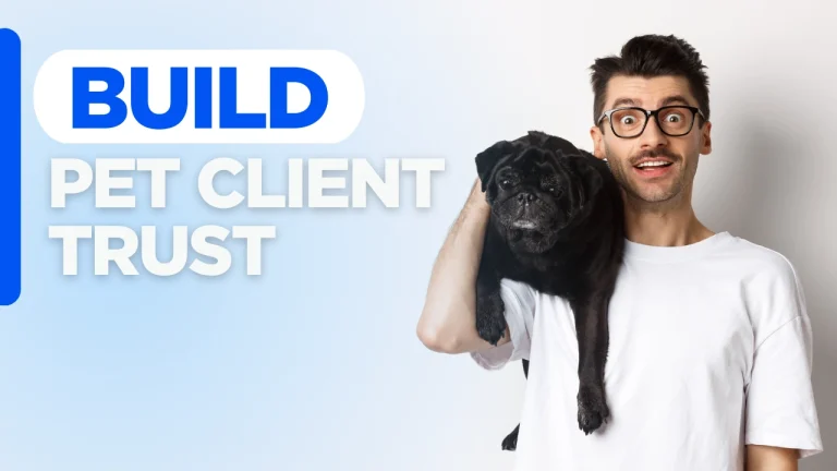 Build Pet Client Trust graphic with custom branded background highlighting a pet business expertise website that showcases professional knowledge, experience, customer trust, and pet care credibility.
