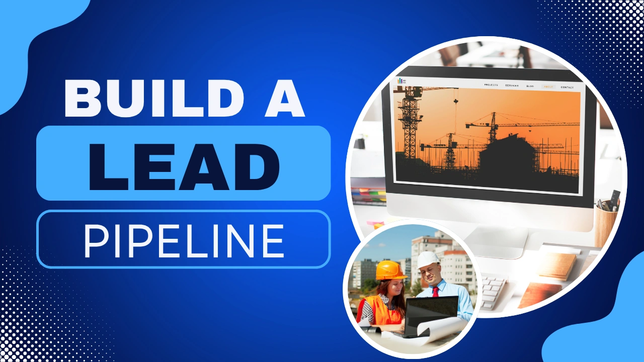 Contractor website leads concept featuring the text “Build a Lead Pipeline” on a custom-designed background, illustrating strategies to improve contractor website leads through lead generation, local SEO, customer trust, website conversions, and booking more construction jobs.