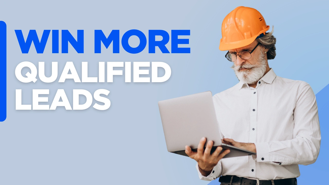 Custom blog graphic with the text "Win More Qualified Leads" illustrating construction website growth through a professional website that attracts qualified leads, builds trust, and helps construction businesses generate more project opportunities.