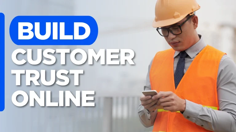 Mobile contractor website graphic with the text "Build Customer Trust Online" on a custom background, highlighting how a responsive website strengthens credibility, improves user experience, and encourages more customer inquiries.