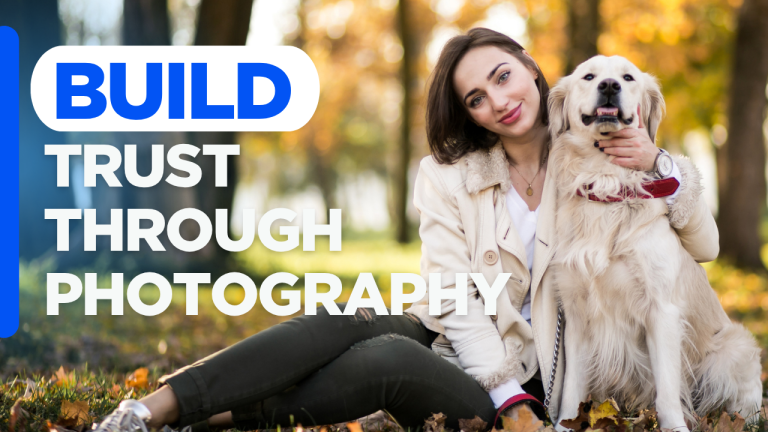 pet business photography with custom designed background and “Build Trust Through Photography” text