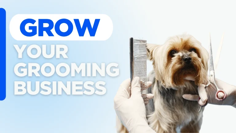 Pet grooming marketing strategies to grow your grooming business with a custom designed background.